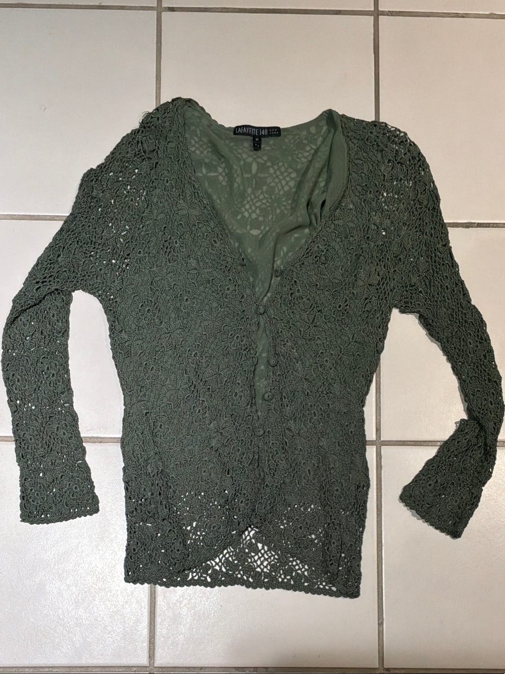 Lafayette 148 New York Olive Green Crochet-Pattern Top